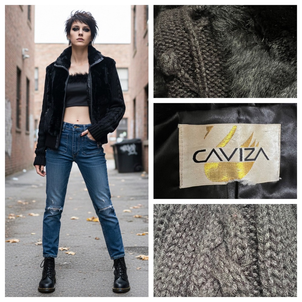 Bomber Jacket Women‎ Rabbit Fur Cable
Knit Black 90s Vintage Grunge Goth Cropped